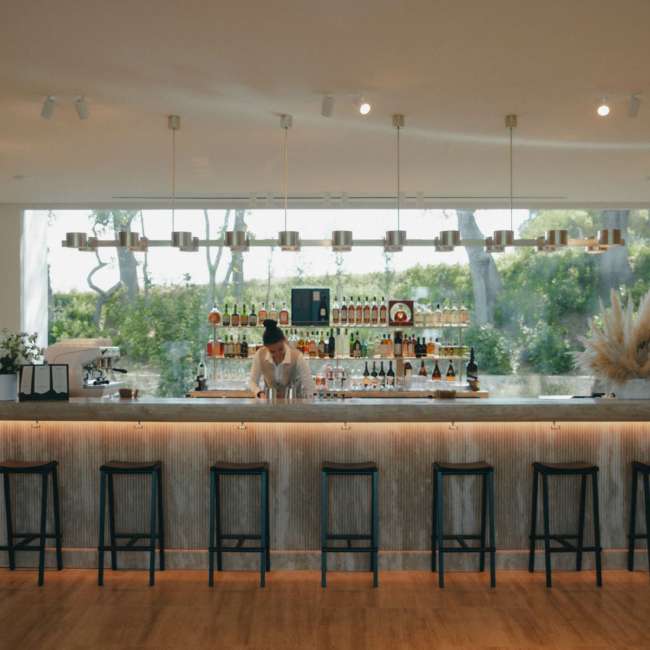 Bar du Domaine de Verchant avec suspension linéaire de spots et vue sur le vignoble, conception lumière Ponctuelle