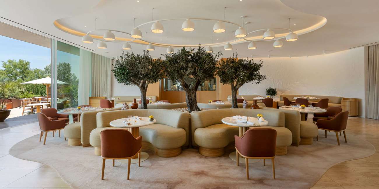 Salle du restaurant Marcelle au Domaine de Verchant avec plafond courbe et suspensions circulaires, conception lumière Ponctuelle