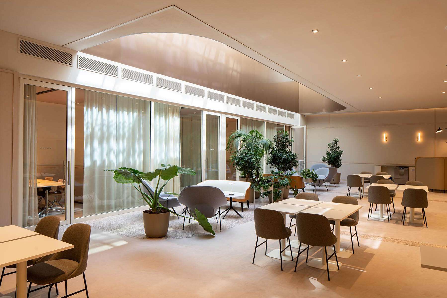 Espace de restauration avec verrière courbe et végétation, mise en lumière Ponctuelle