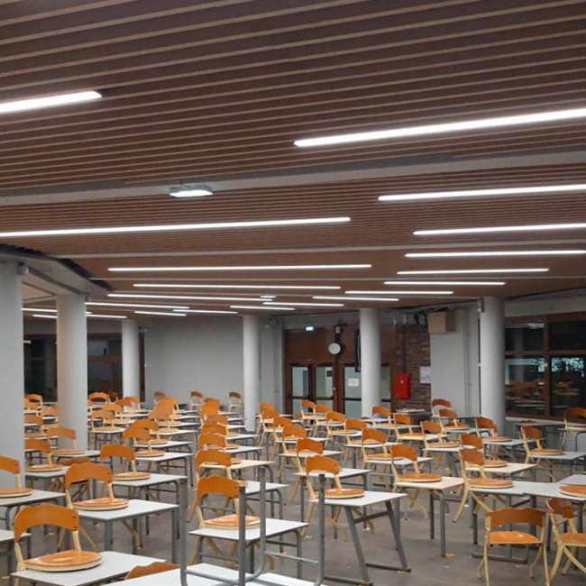 Détail du plafond à claustra bois avec lignes LED intégrées, salle du Collège Stanislas, Ponctuelle