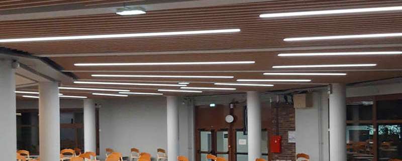 Détail du plafond à claustra bois avec lignes LED intégrées, salle du Collège Stanislas, Ponctuelle