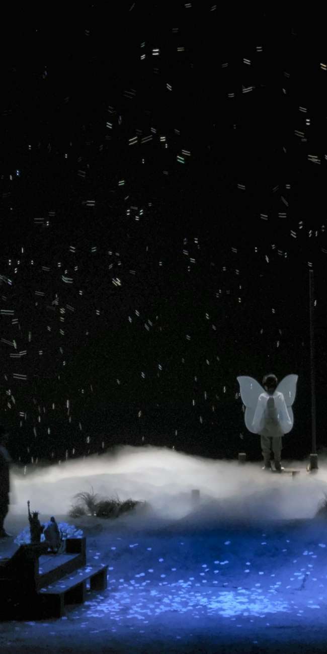 Scène nocturne de Madame Butterfly avec brume au sol, silhouette aux ailes de papillon et particules lumineuses, Opéra de Marseille, conception lumière Ponctuelle